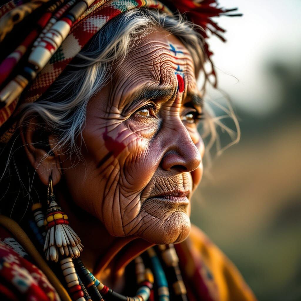 Elderly Tribal Woman's Sorrowful Gaze in Hyper-Realistic Por...