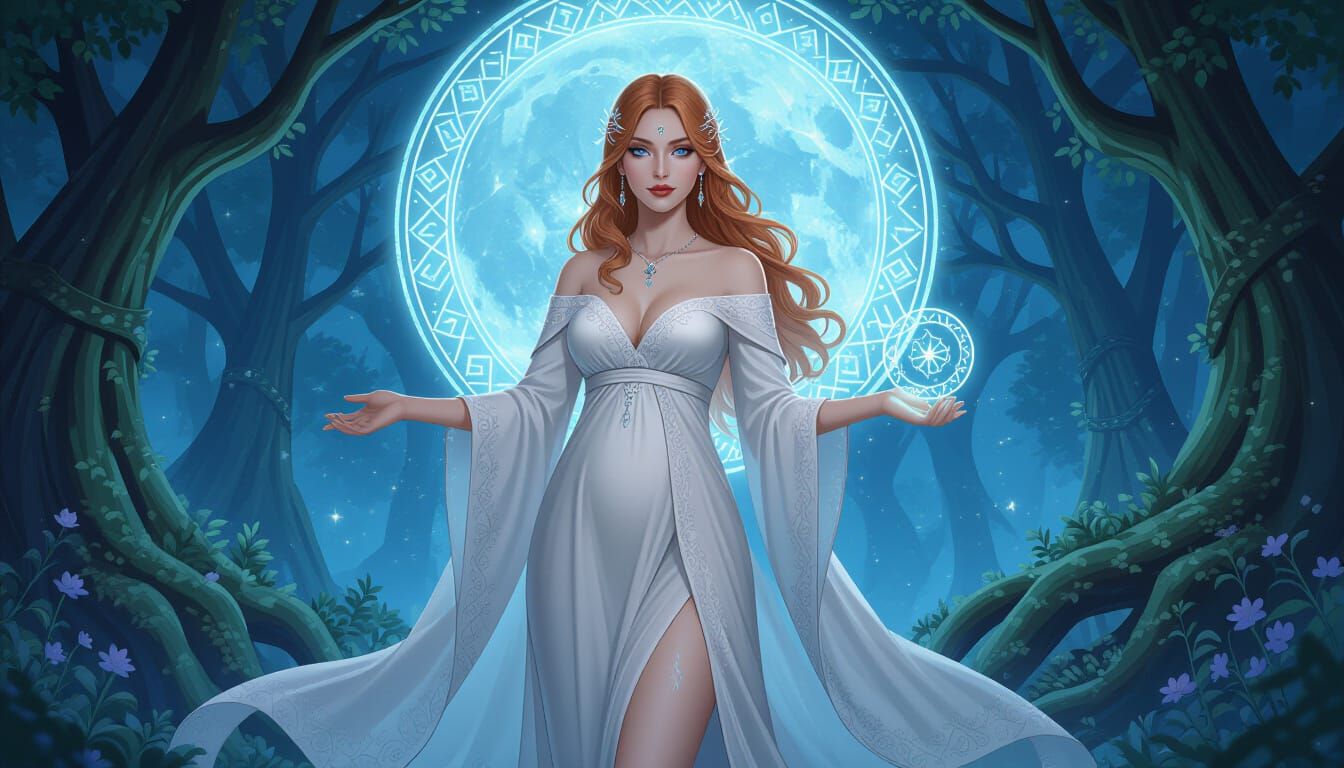 Fantasy Oracle Expecting Mother in Moonlit Grove