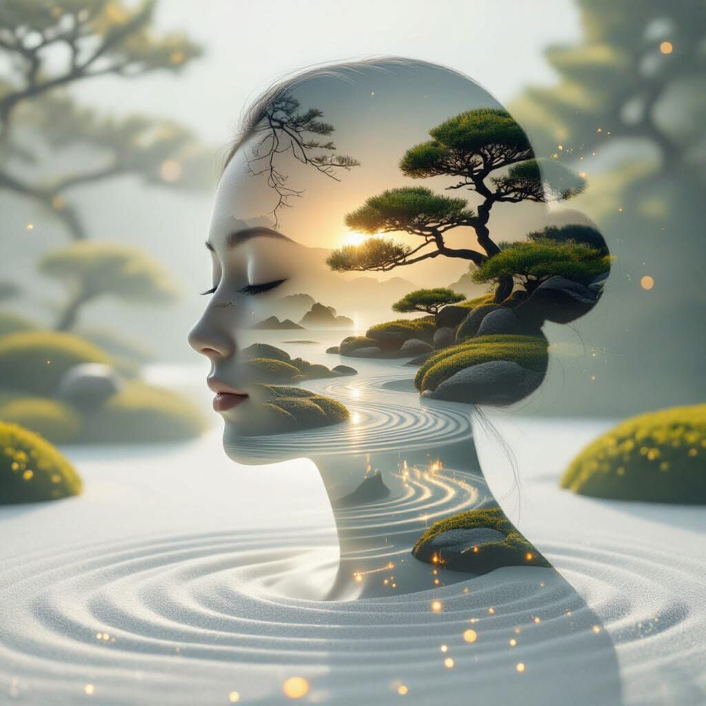 Serene Silhouette Merging With Zen Landscape