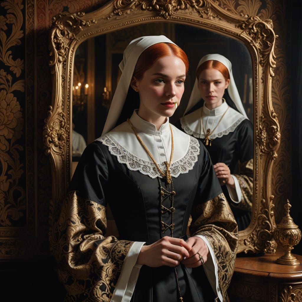 Baroque Nun in Mirrored Reflection