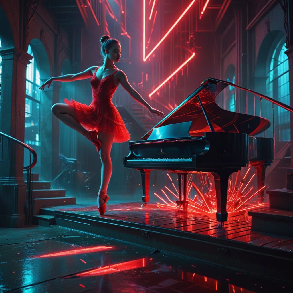 Hyperrealistic Ballerina Dancing with Crocodiles and Piano