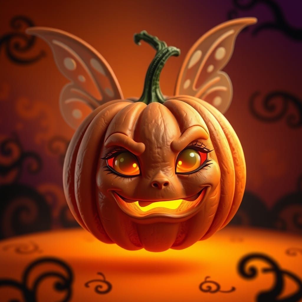 Whimsical Fairy Pumpkin with Glowing Eyes in Halloween Scene