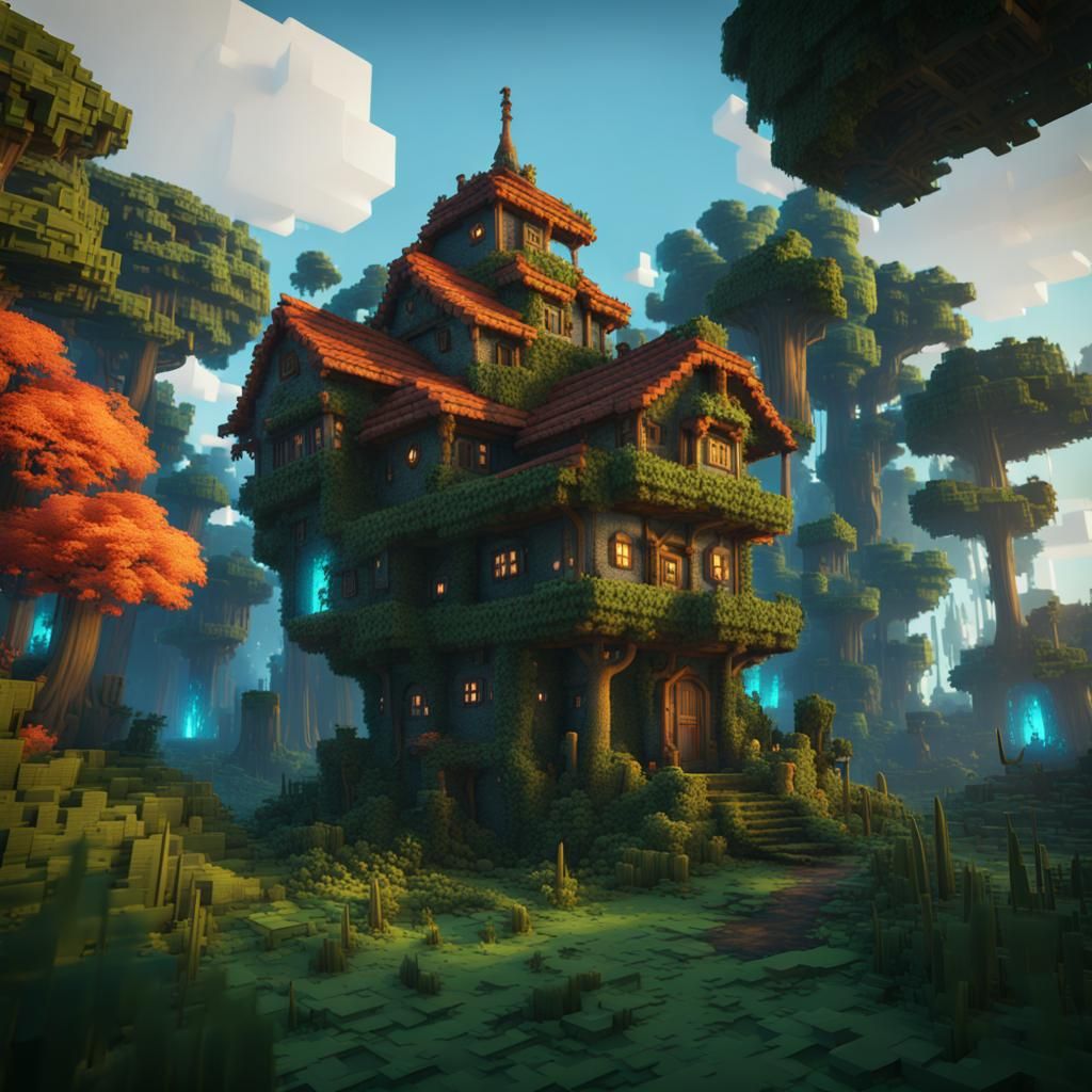 Minecraft Blocky Forest with Glowing Plants