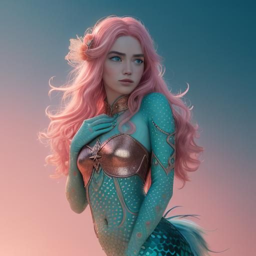 Mermaid with Pink Peacock Feather Tail: Cinematic Still