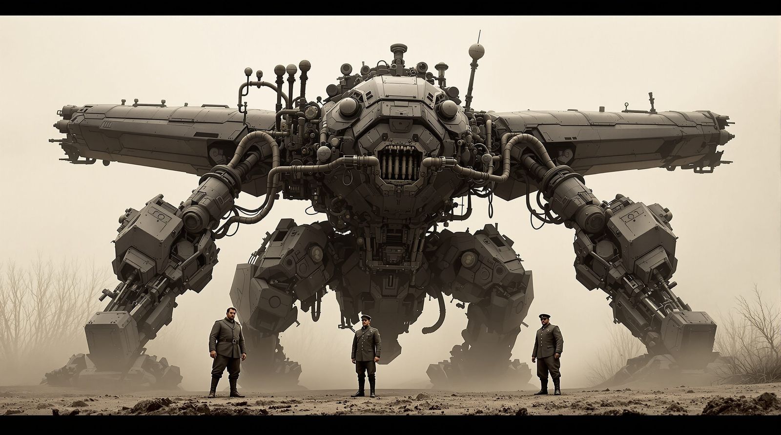 Steampunk War Machine with Soldiers in Sepia Tone