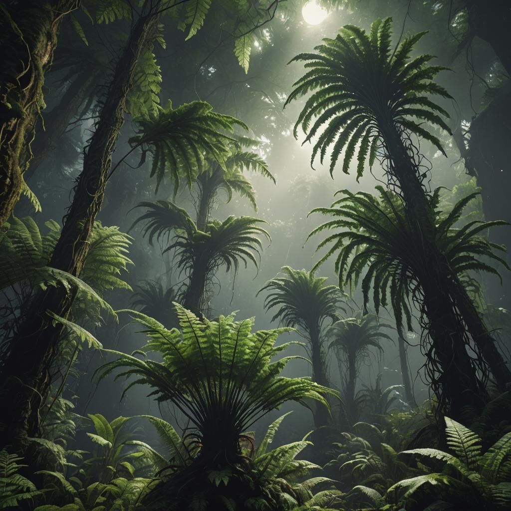 Giant Fern Under Mystical Black Sun: Fantasy Concept Art