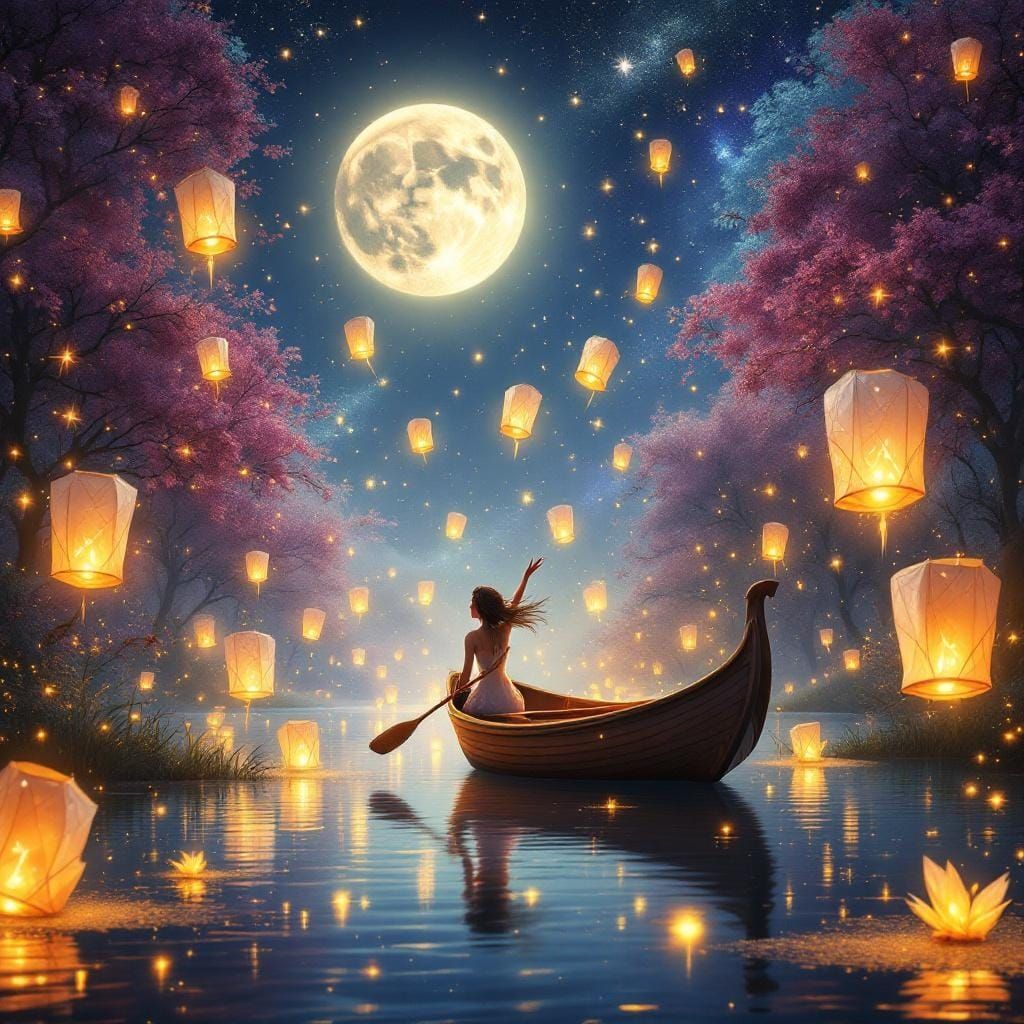 Magical Fairies Lake with Fireflies and Lanterns