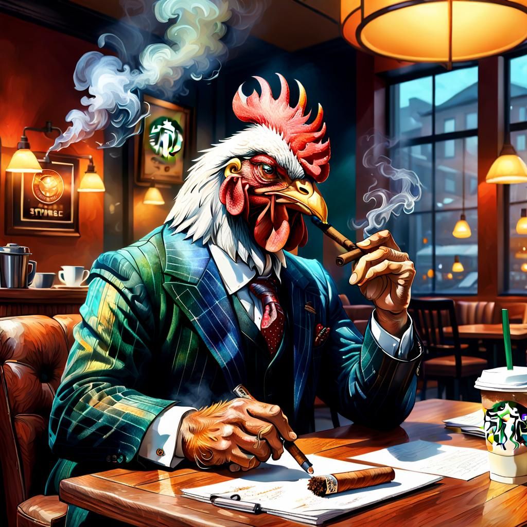 Tired Rooster with Coffee: Ultra-Realistic Digital Art