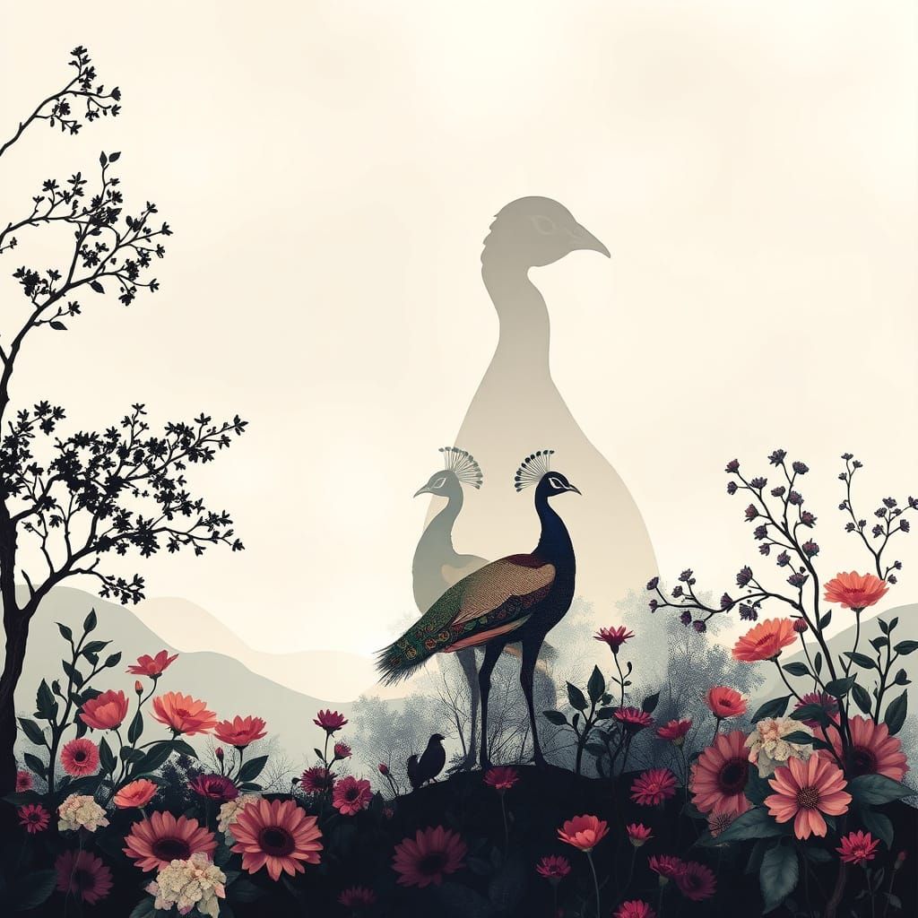 Double Exposure Silhouette peacock Morris style flower landscape background, oil