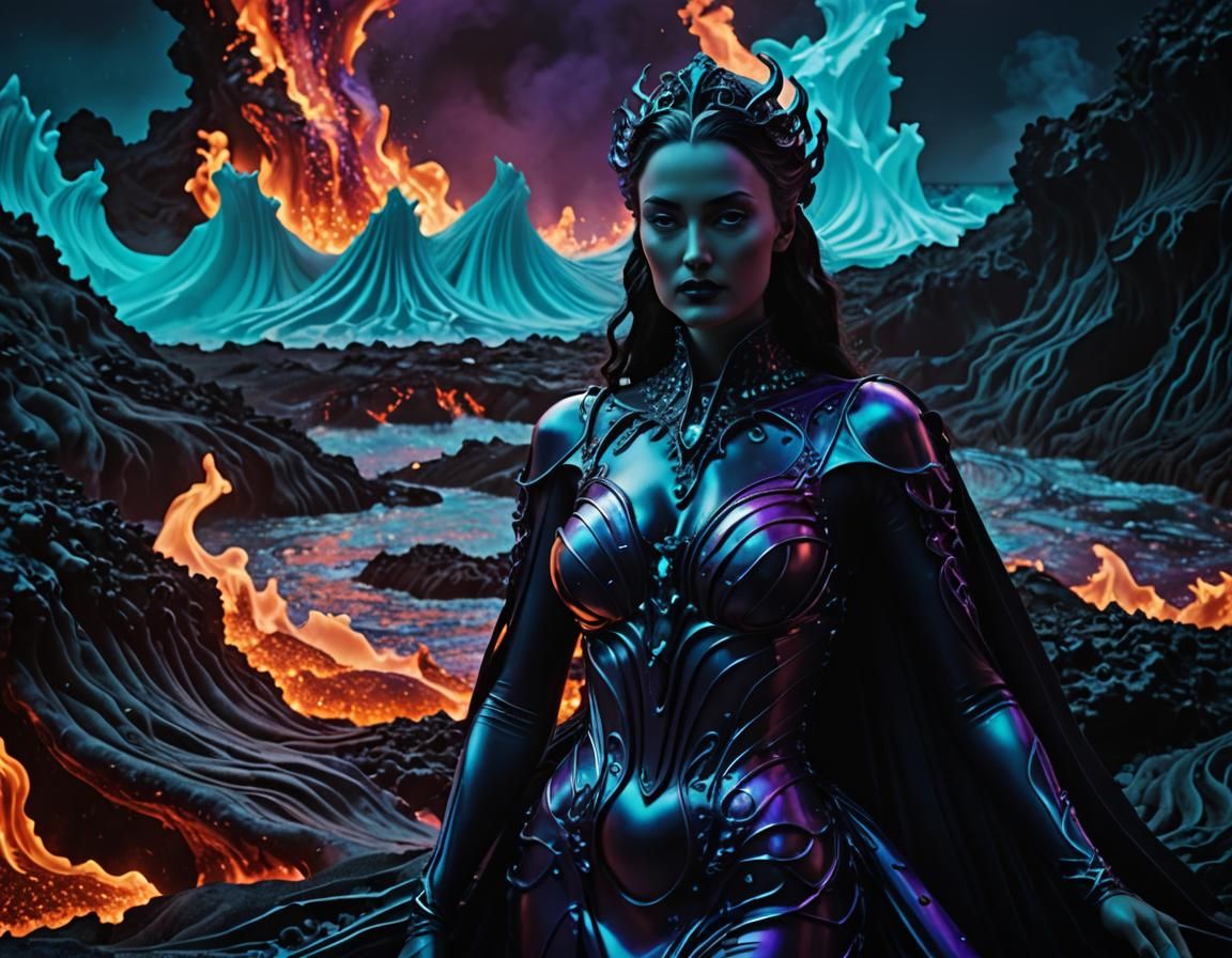 Eerie Underworld Queen in Surreal Lava Landscape