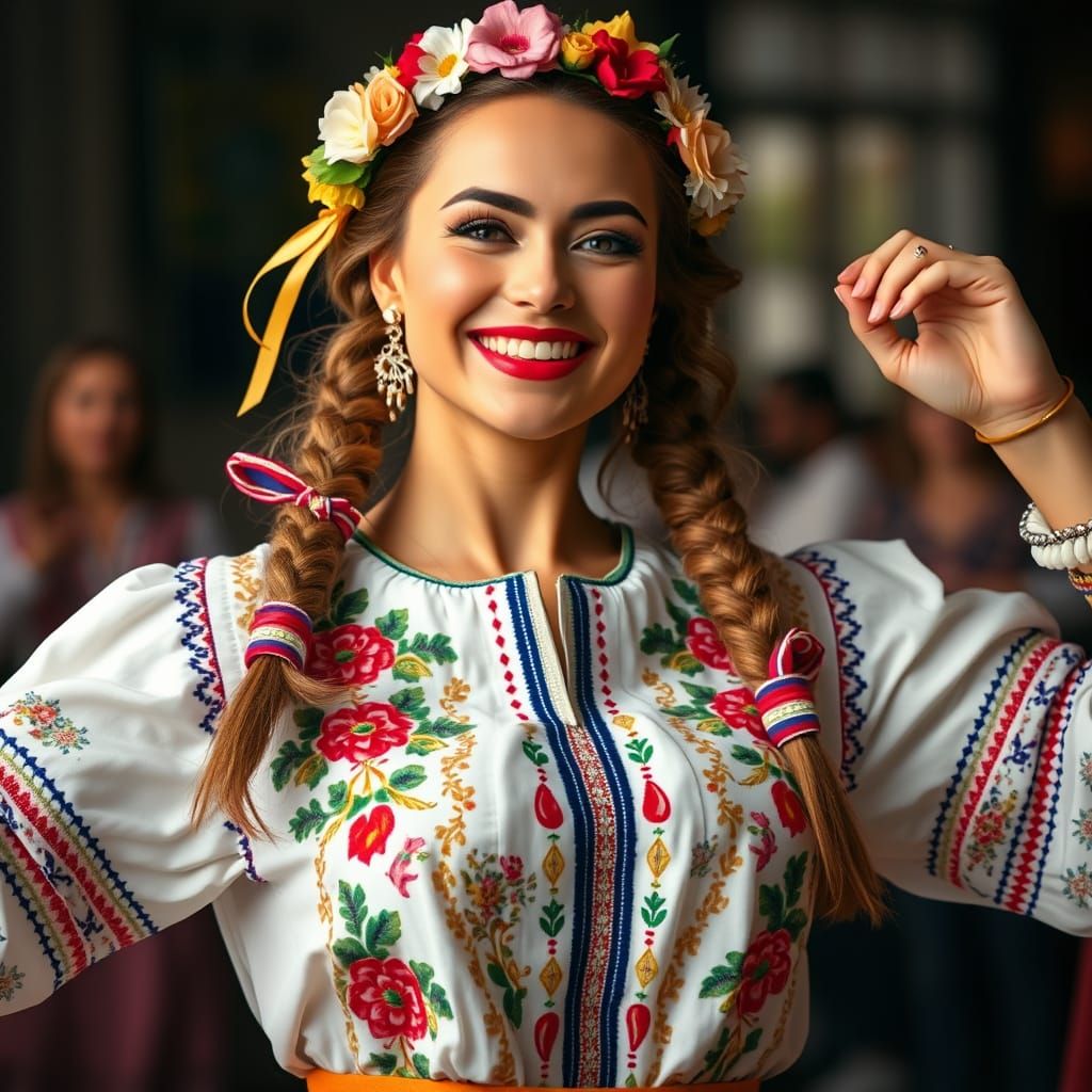 Dancing Woman in Ukrainian Embroidered Shirt