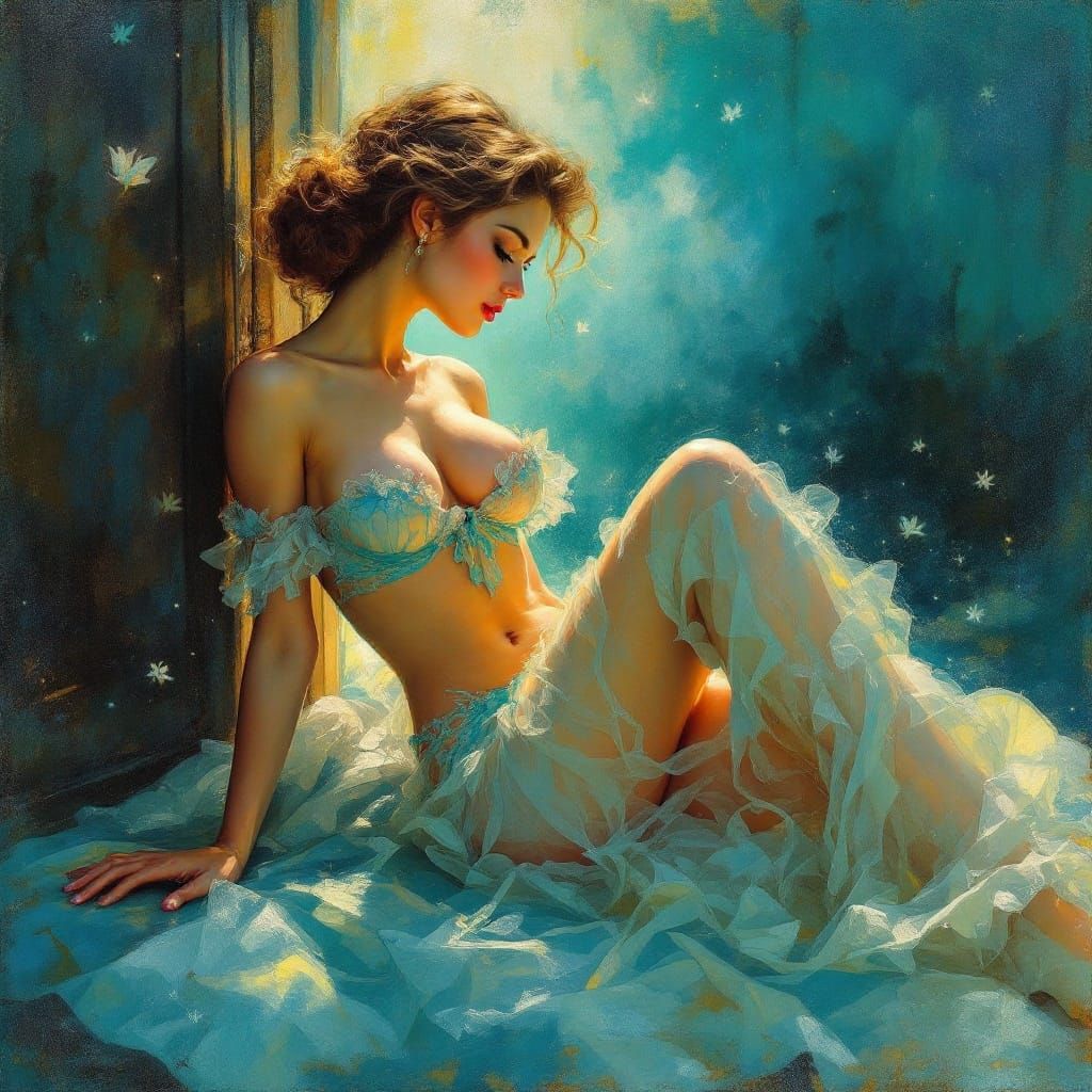 Romantic Painting of a Woman Opening Door