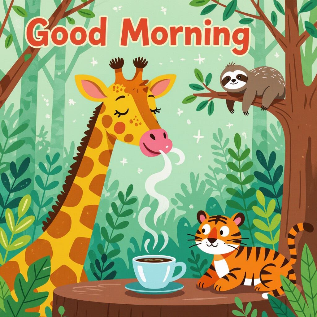A realistic cartoon giraffe drinking coffee and on the image...