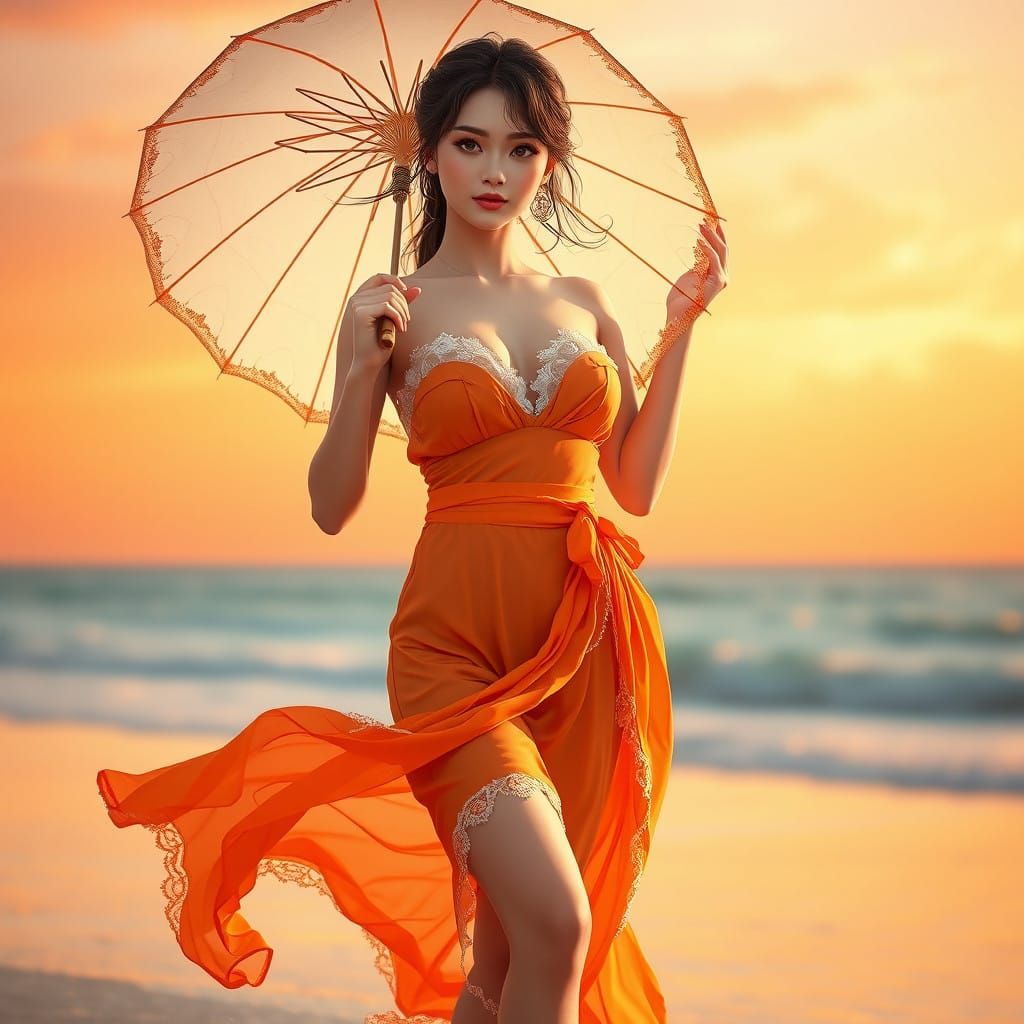 Anime Supermodel in Vibrant Orange Beach Attire