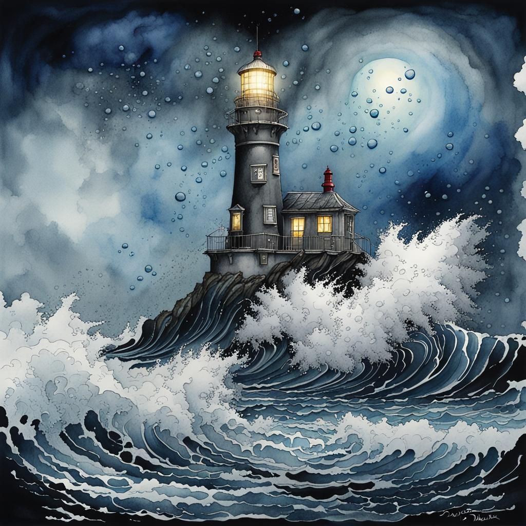 Hurricane Waves Crash Over Lonely Lighthouse