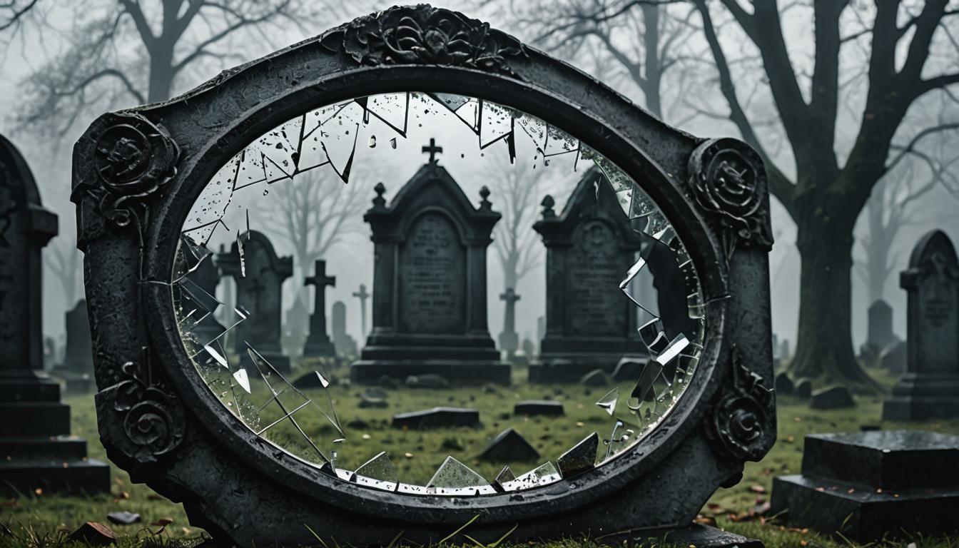 Graveyard Tombstone Reflected in Broken Mirror Shards