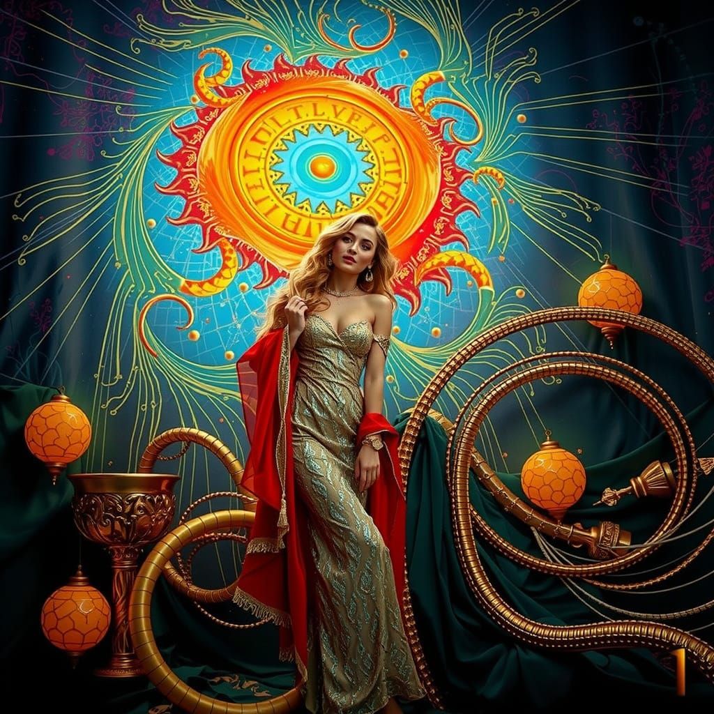 Elegant Woman in Psychedelic Luxury Environment
