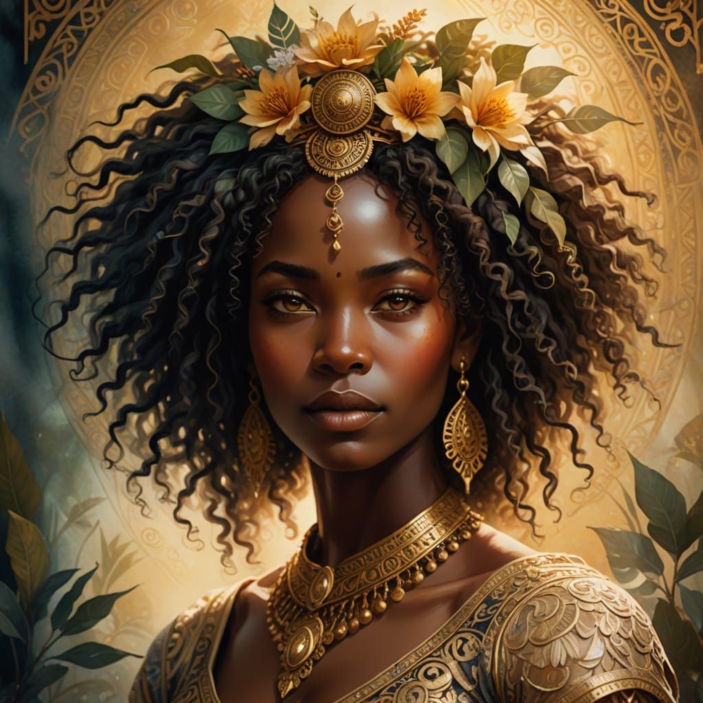 Regal African Goddess with Golden Filigree Hair in Watercolo...