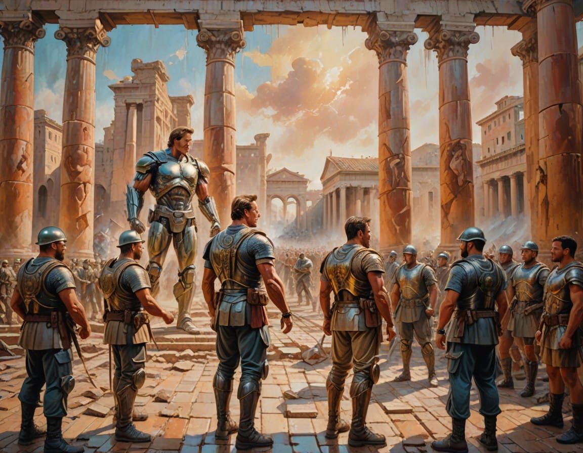 Cyborg Meets Ancient Rome in Vibrant Oil Painting