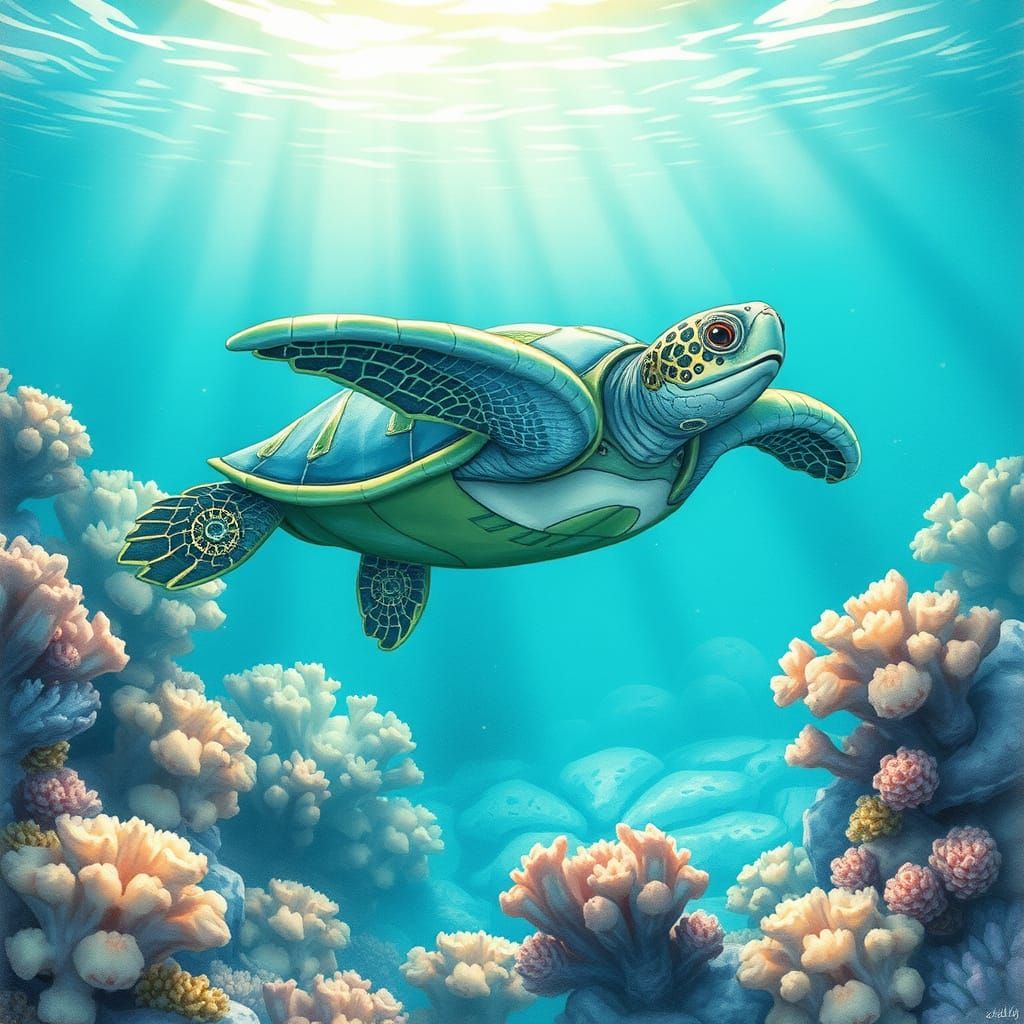 Clockwork Turtle in Turquoise Underwater Paradise