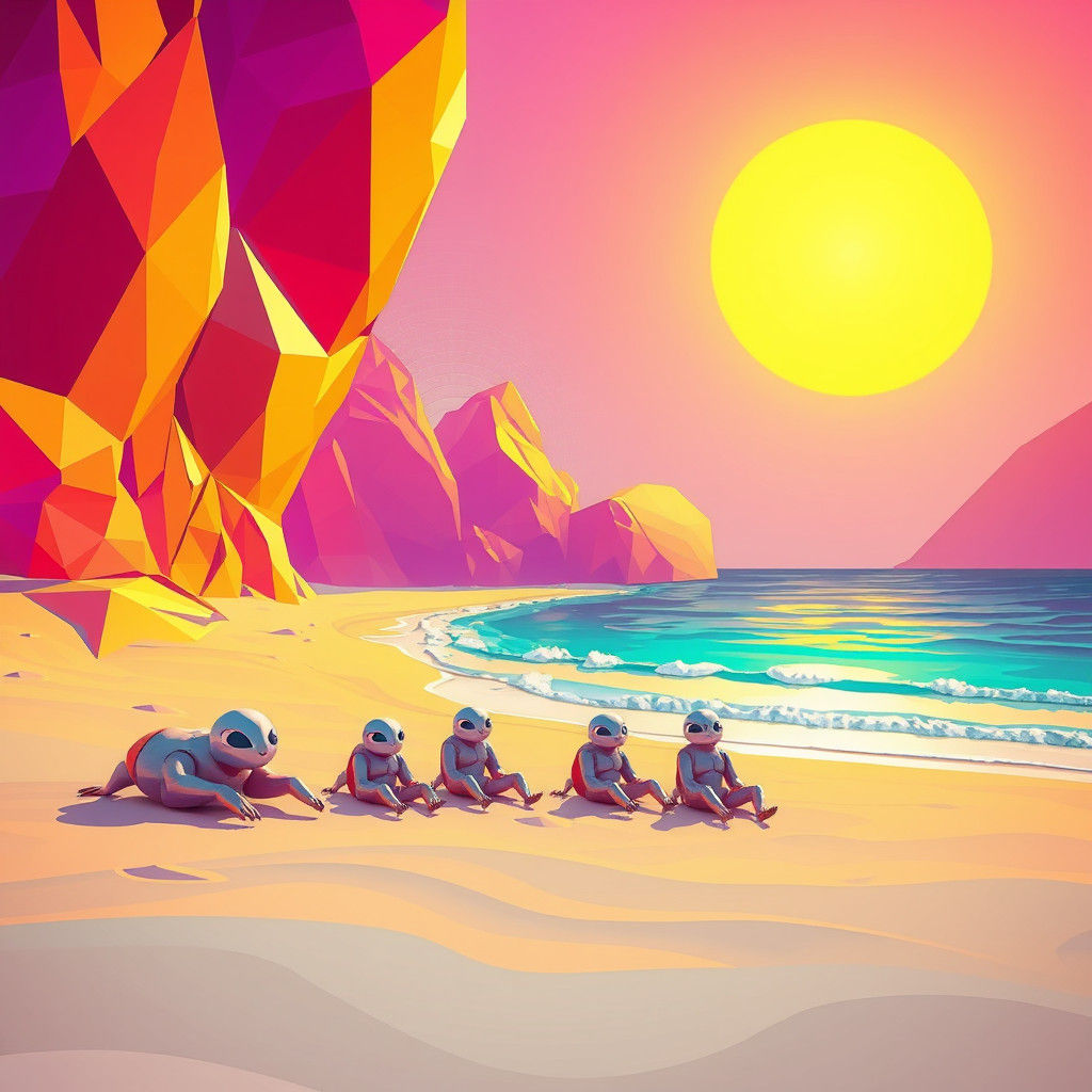 Geometric Beach Landscape with Futuristic Creatures