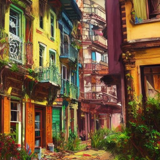 Vibrant Row Houses in Summer Garden: Digital Impressionism