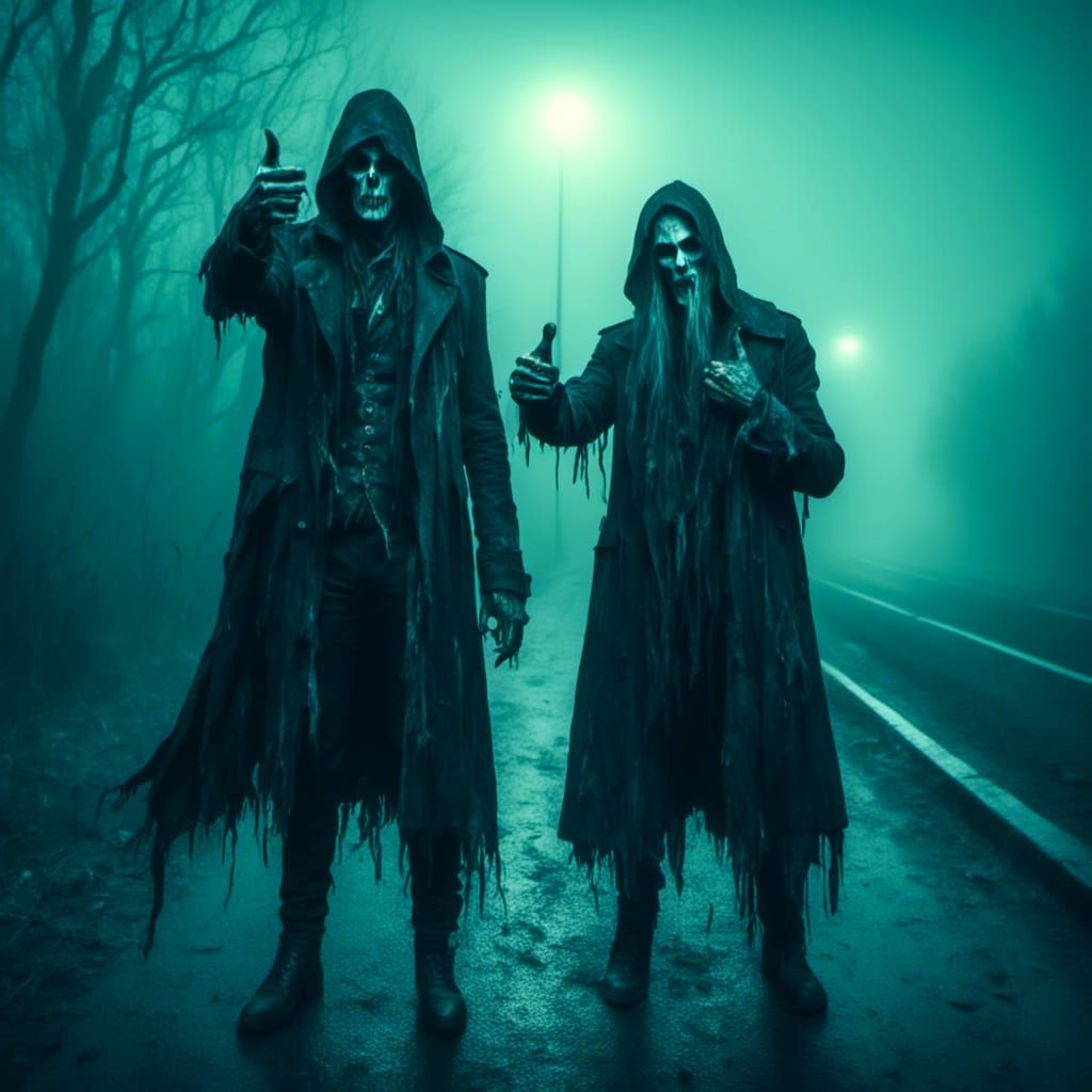 Ethereal Hitchhiker on Foggy Roadside at Night