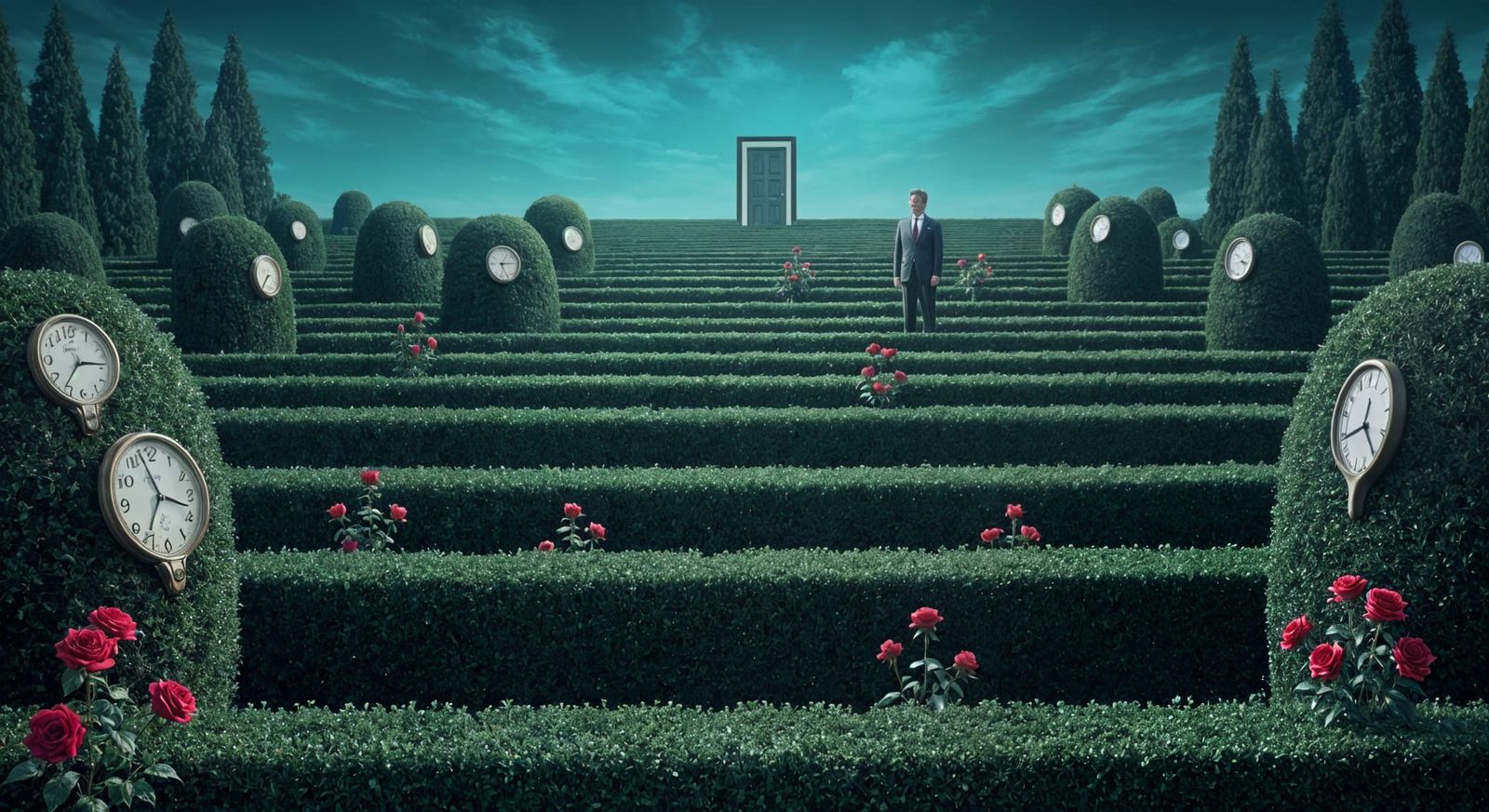 Surreal Hedge Maze with Melting Clocks in Lynchian Style
