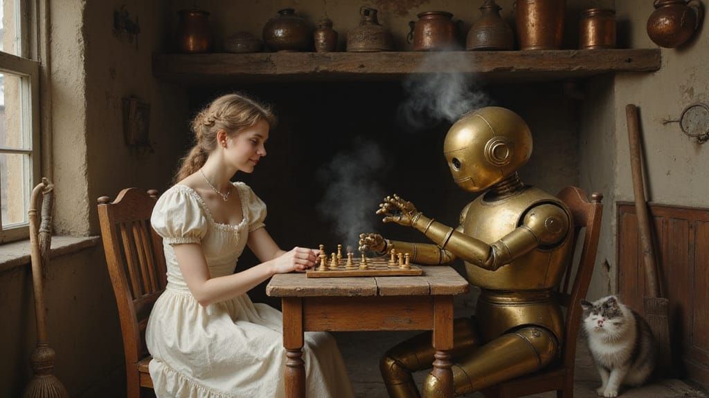 Georgian Era Woman Plays Chess With Brass Robot in Oil Paint...