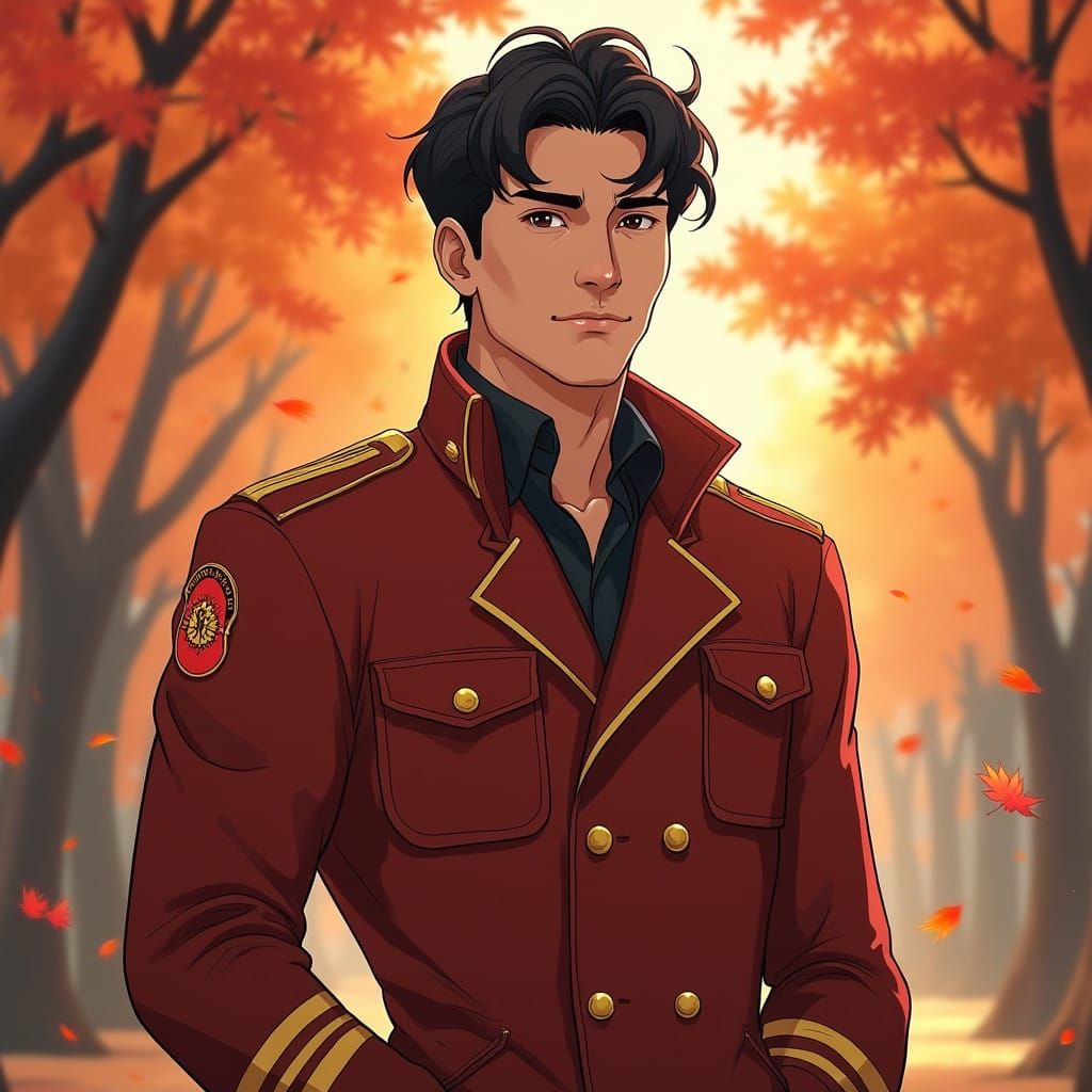 Handsome Firefighter Adorns Autumn Park in Elegant Korean We...