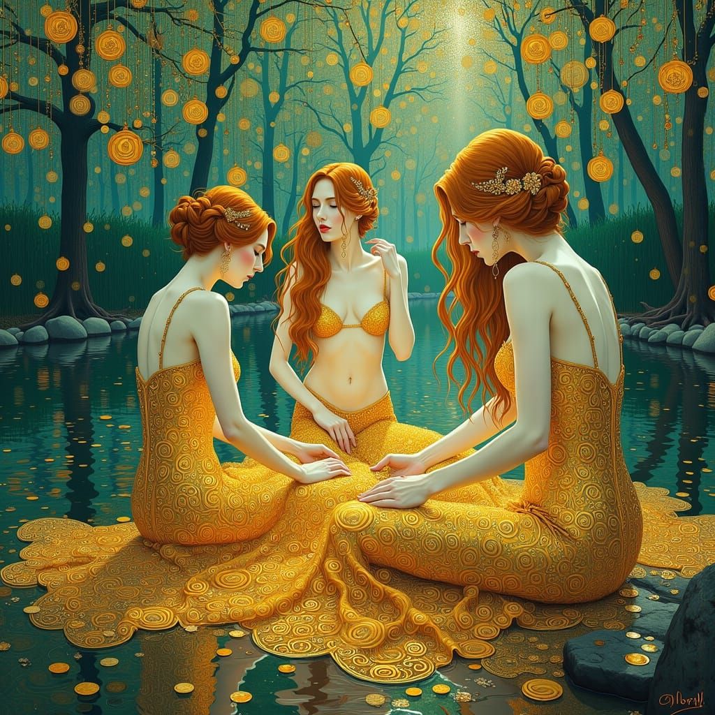 Surreal Water Nymphs Guard Golden Treasure in Ethereal Light