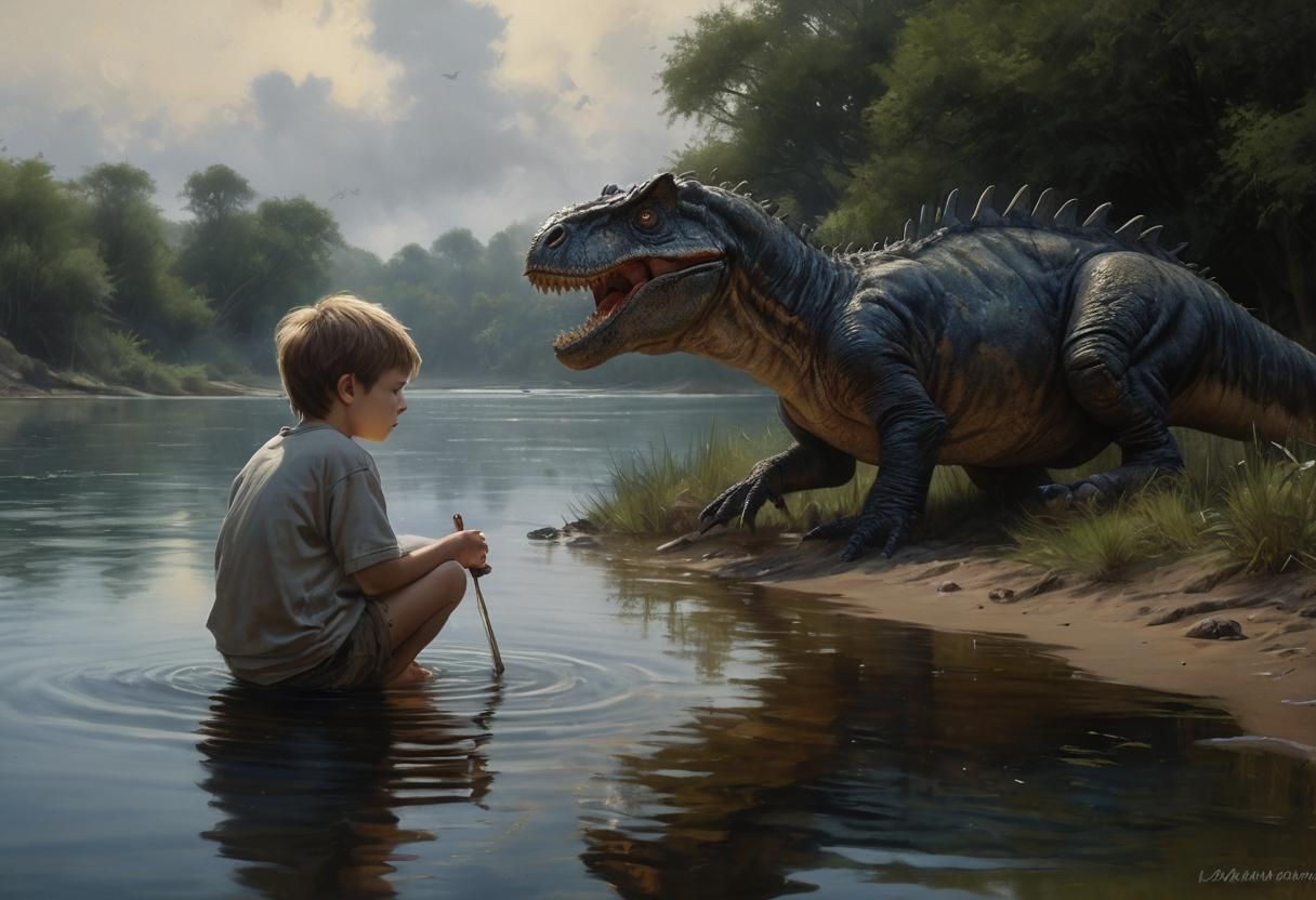 A boy with his pet dinosaur sitting by the water, in
the sty...