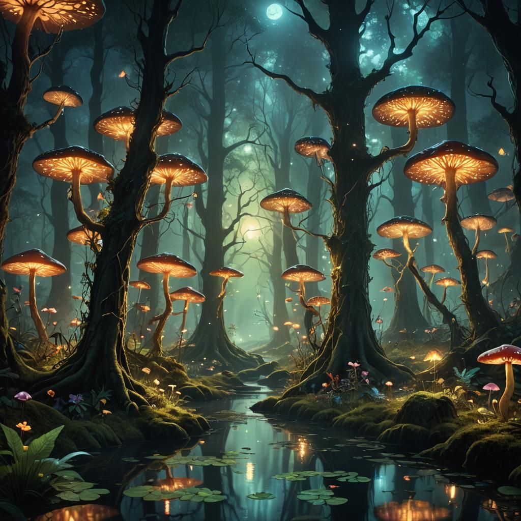 Mystical Forest with Glowing Flora and Magical Creatures