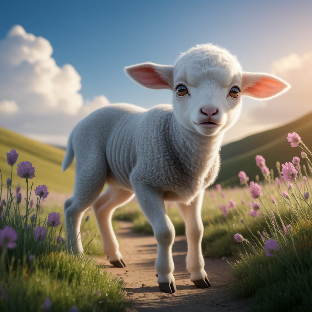 Nervous Lamb in a Sunlit Meadow