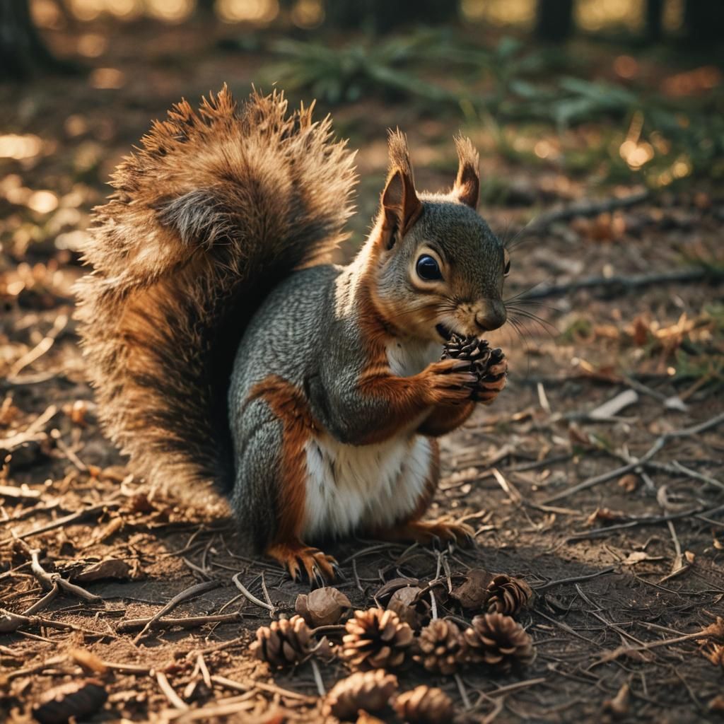 Squirrel Enjoying Pine Cone in Cinematic Style
