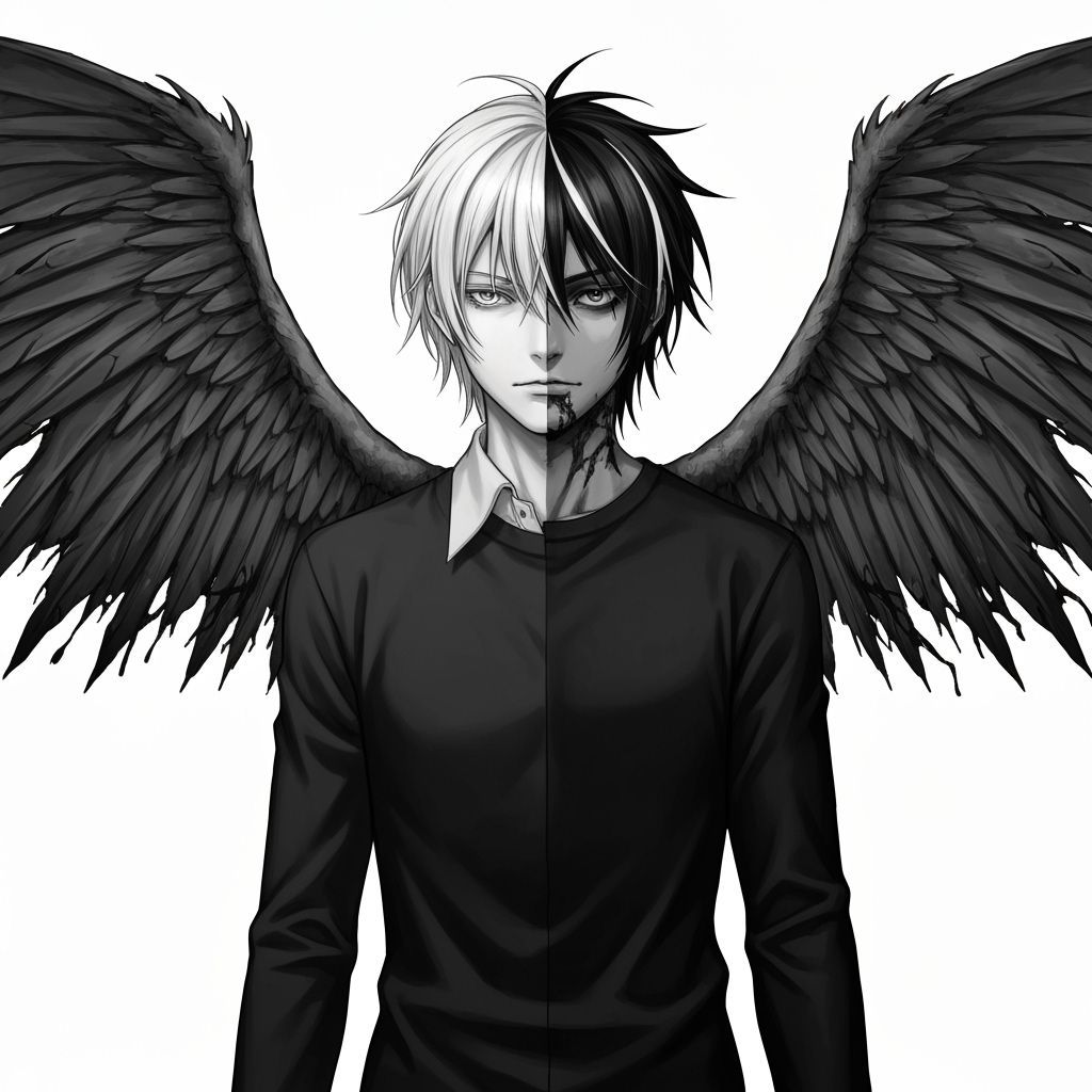 Manga Figure With Decaying Wings And Dual-Toned Hair