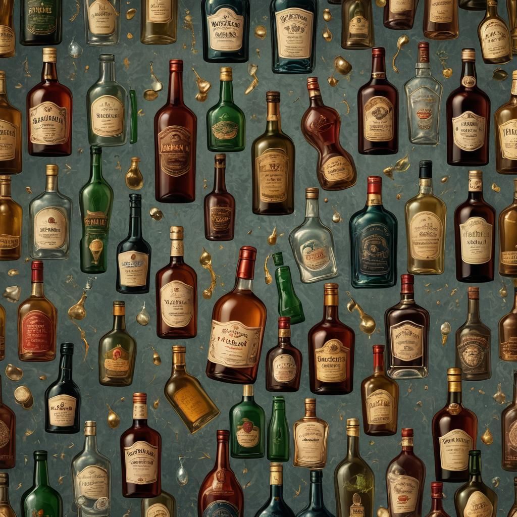 Vintage Alcohol Bottles on Antique Background
