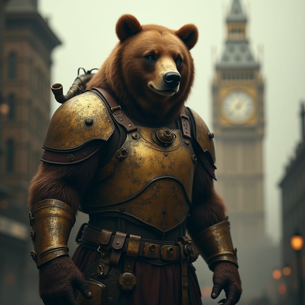 Majestic Steampunk Bear Amidst a 19th-Century Industrial Cit...