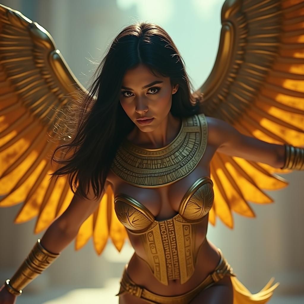 Egyptian Superheroine with Golden Wings in Cinematic Style