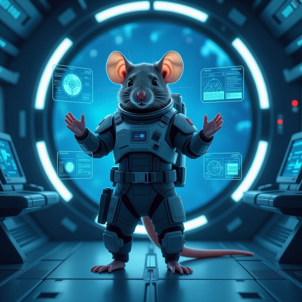 Anthropomorphic Rat in Spacecraft, Futuristic Digital Art