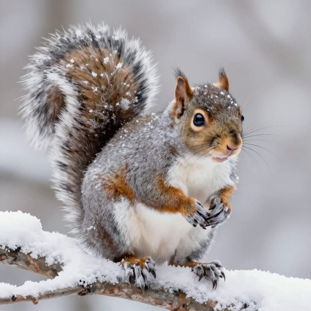 Grey Squirrel with Snow on Head in Winter Light