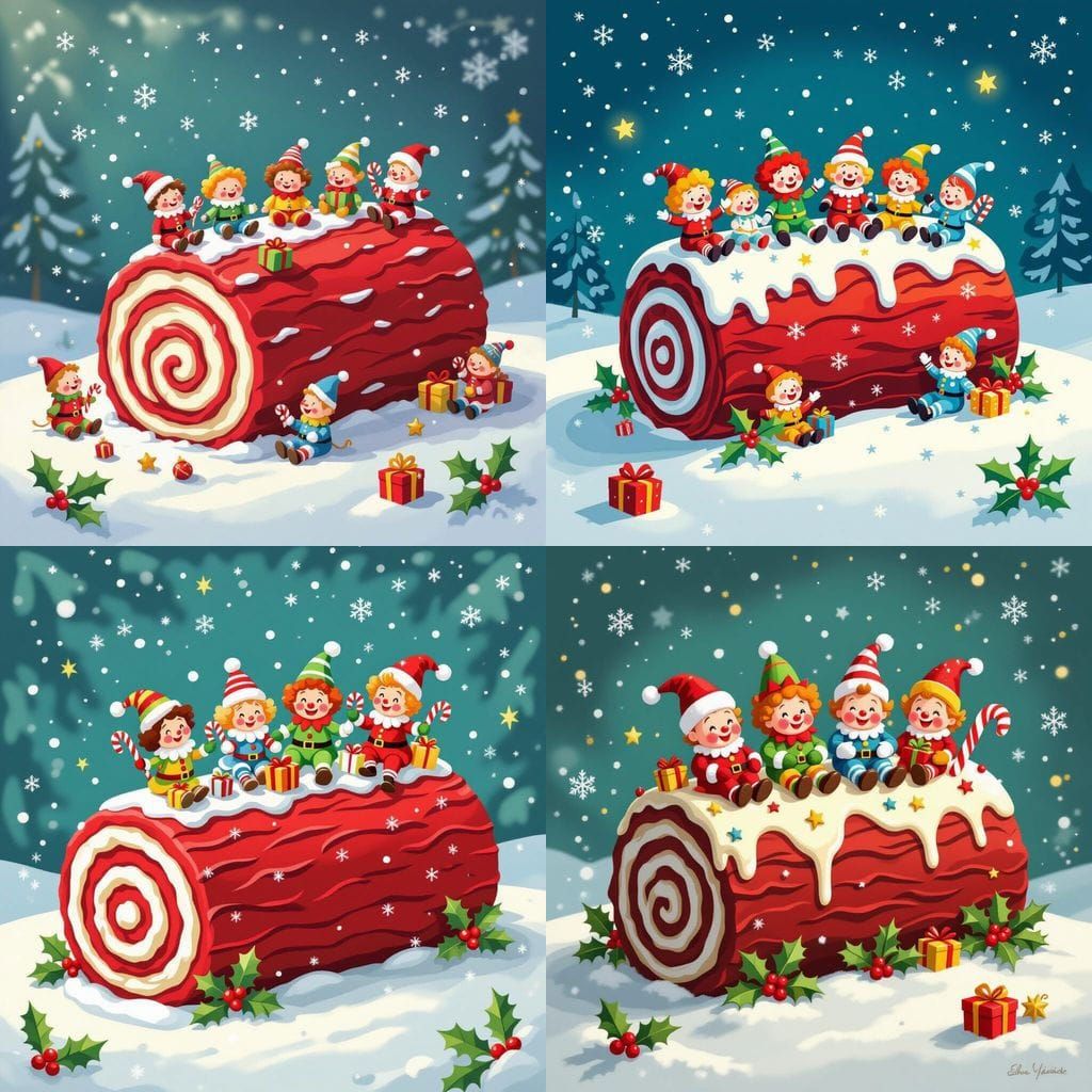 Whimsical Christmas Yule Log Cake with Clowns on Snow