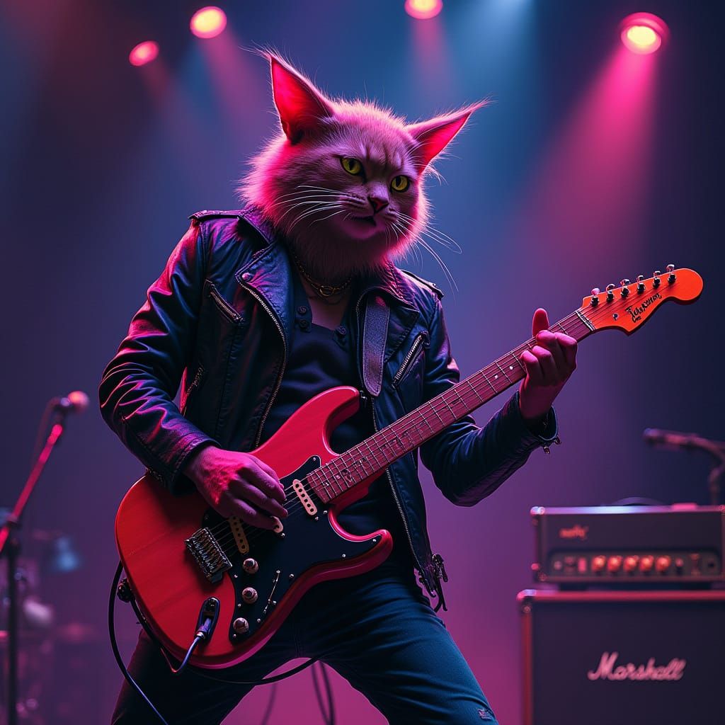 Demon Cat Rocking Guitar in Neon Cyberpunk Style