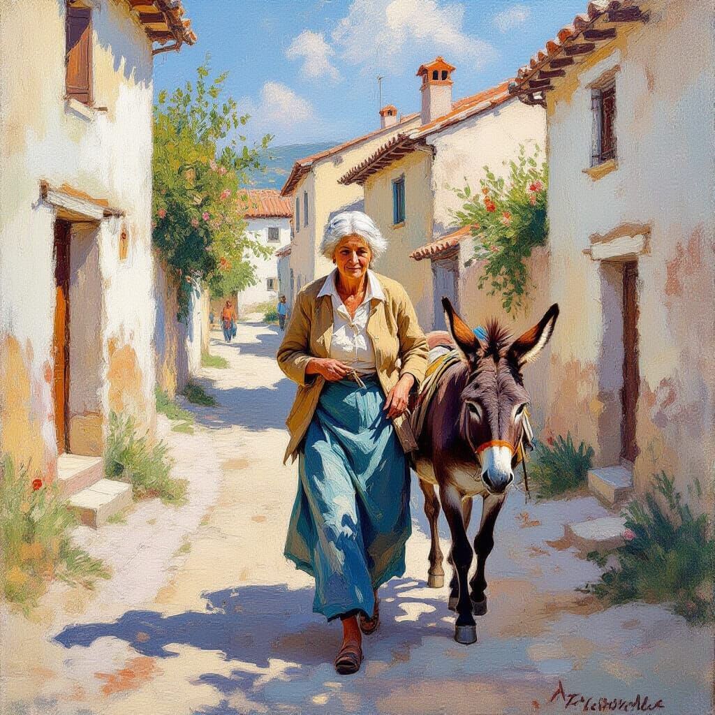 Elderly Sicilian Woman Leads Donkey in Sun-Drenched Village