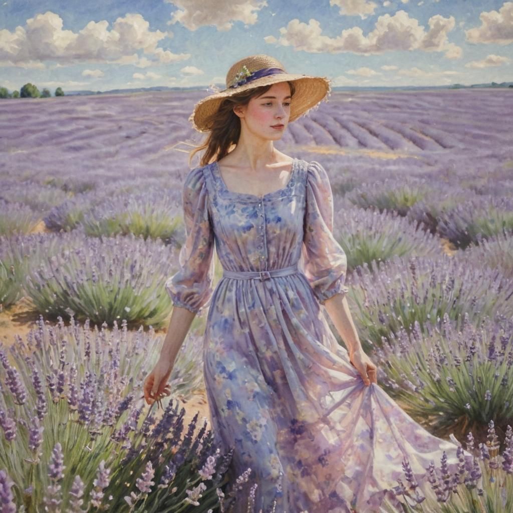 Woman in Lavender Field: Impressionist Watercolor Painting