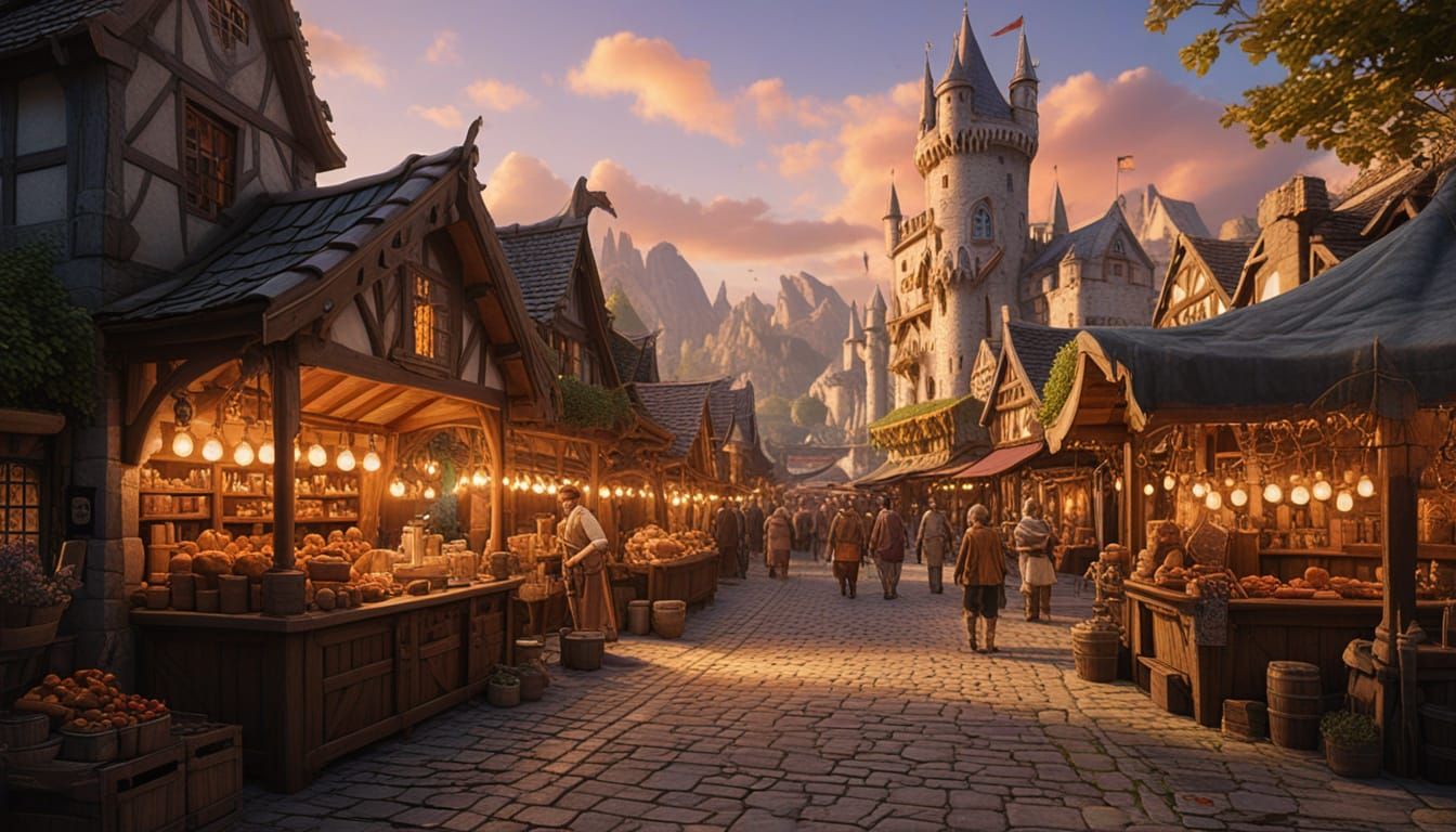 Whimsical Medieval Marketplace at Sunrise