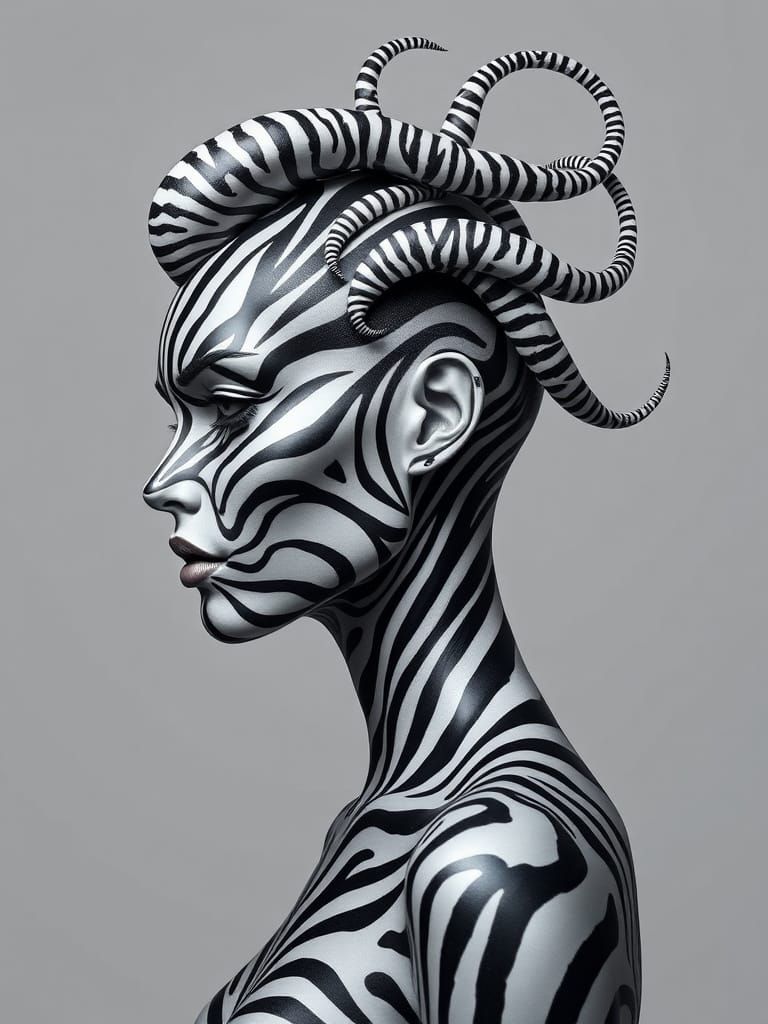 Surreal Biomech Portrait with Zebra Tentacle Hair