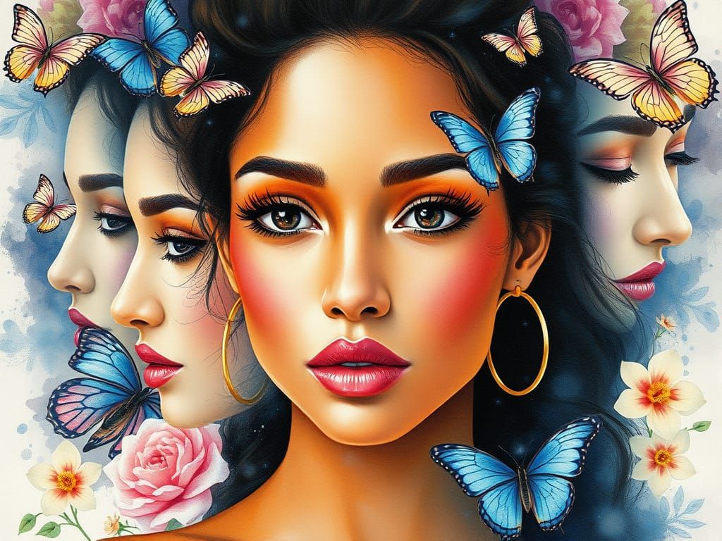 Watercolor Portrait: Woman with Flowers and Butterflies