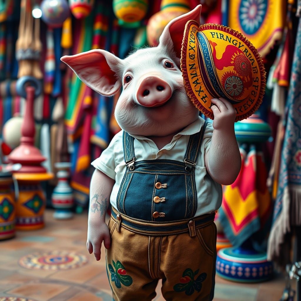 Pig in Lederhosen Considers Sombrero, Whimsical Folk Art