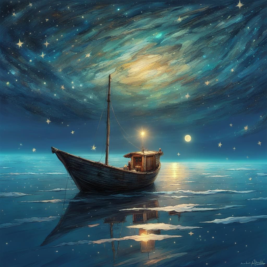 Little Boat on Starry Sea: Surreal Digital Art